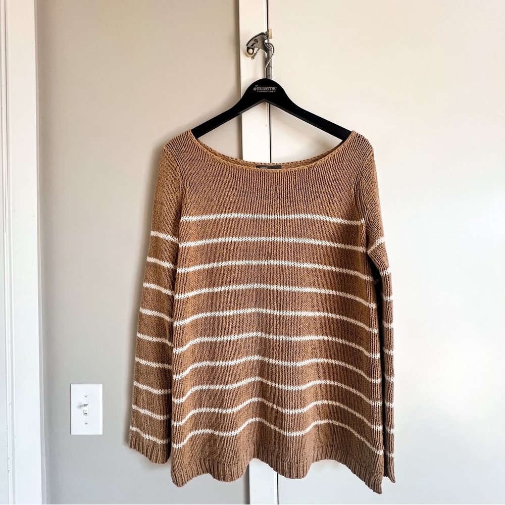 VINCE Boatneck Knit Sweater Tan/White